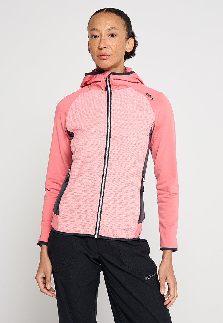 Rosa Fleecejacke mit Reißverschluss vorne, Kapuze und dunkelgrauen Akzenten an den Seiten. Verfügt über einen strukturierten Stoff und eine taillierte Passform.