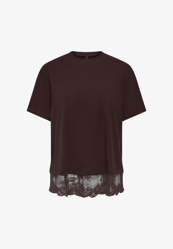 ONLY ONLVIVVI S/S LACE BOTTOM TOP JRS - Print T-shirt - chocolate torte detail:chokolate torte lace