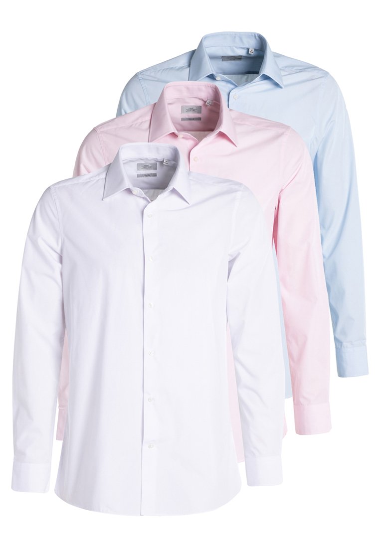 Drei Langarm-Hemdblusen: weiß, rosa und hellblau. Hergestellt aus glattem Stoff mit klassischem Kragen und Knopfverschluss.