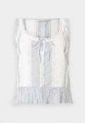 Ärmellose Bluse mit blauen und weißen Streifen, Einsätze aus Spitze, Knöpfen vorne, gebundenem Ausschnitt und gerafftem Saum.