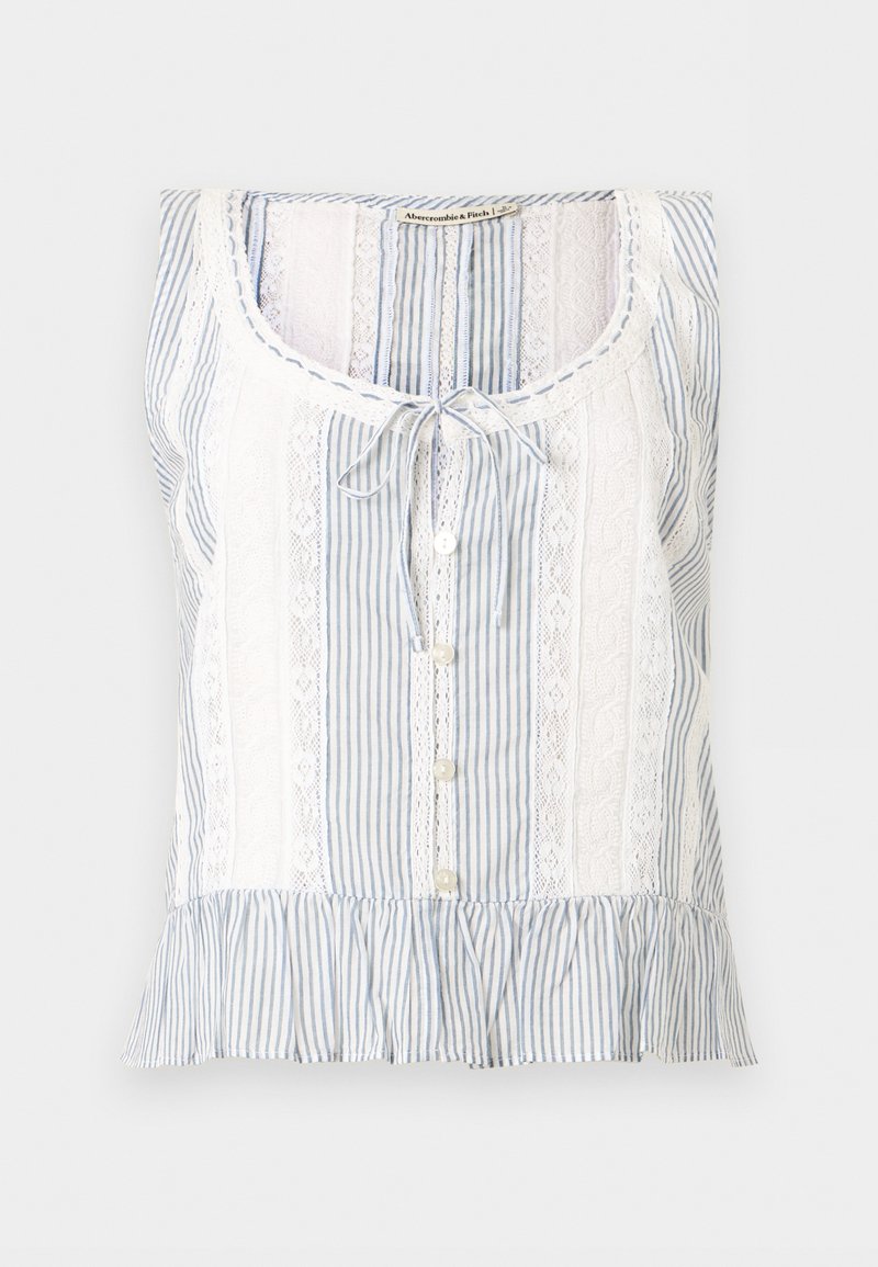 Ärmellose Bluse mit blauen und weißen Streifen, Einsätze aus Spitze, Knöpfen vorne, gebundenem Ausschnitt und gerafftem Saum.