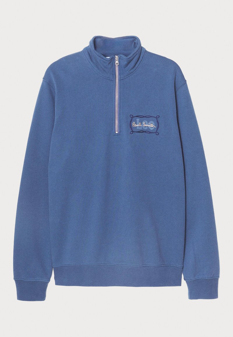 Blaues Sweatshirt mit hohem Kragen und halbem Reißverschluss. Besticktes Logo-Detail auf der linken Brust sowie gerippte Bündchen und Saum. Weicher Baumwollmix-Stoff.