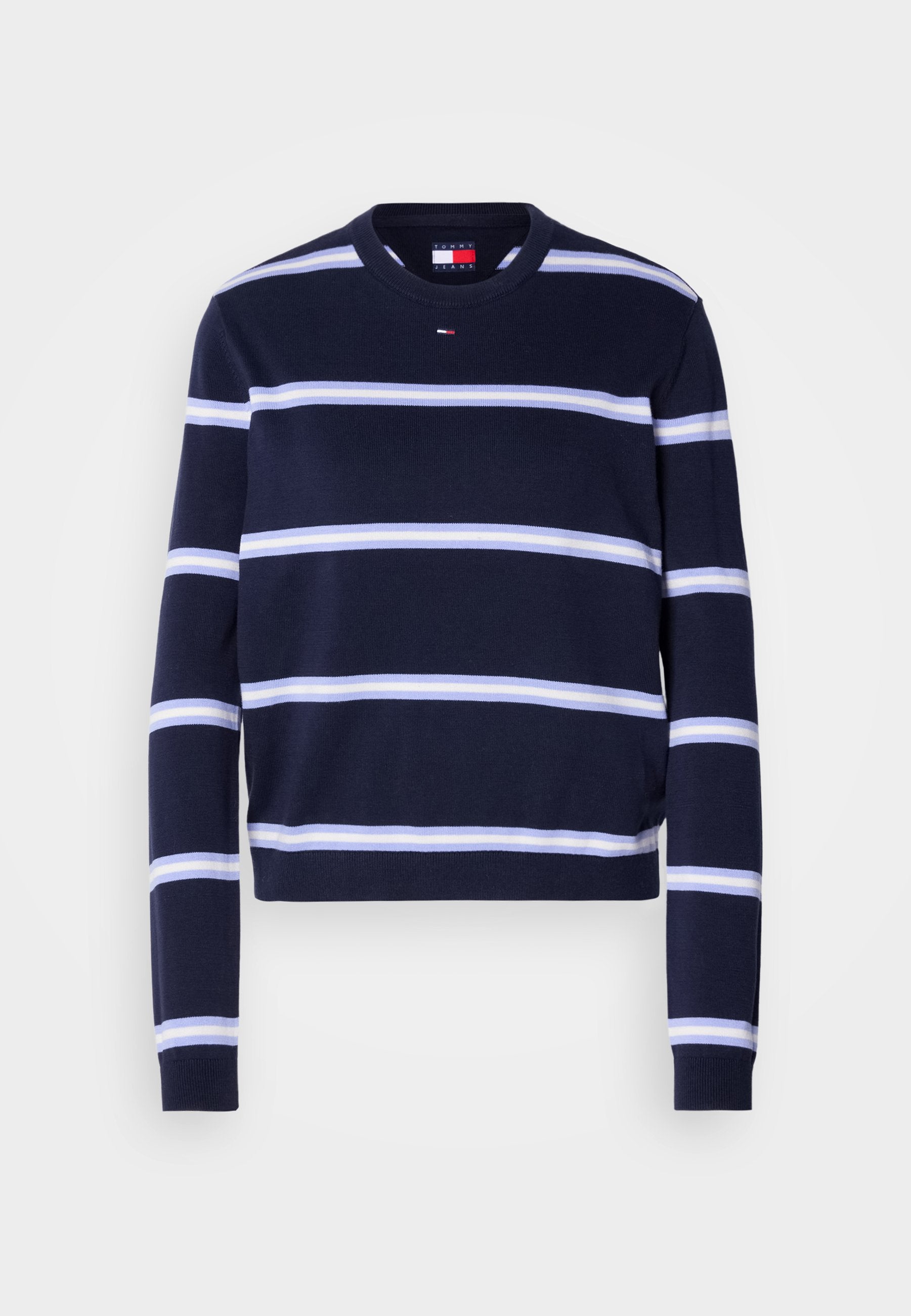 Marineblau gestreifter Pullover mit horizontalen weißen Streifen, geripptem Rundhalsausschnitt und taillierten Bündchen. Hergestellt aus einem weichen Strickstoff.