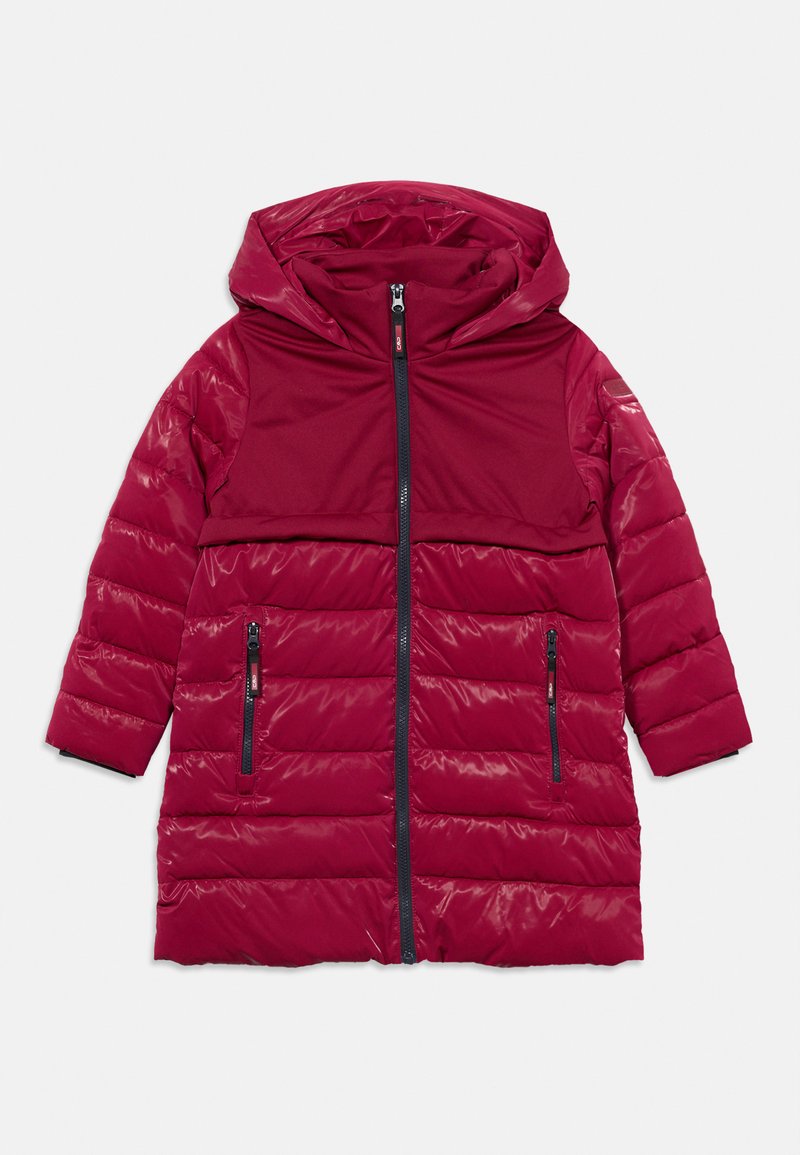 Bordeauxrote isolierte Jacke mit Kapuze, mit einem gesteppten unteren Bereich, einem glatten oberen Teil und zwei seitlichen Reißverschlusstaschen.