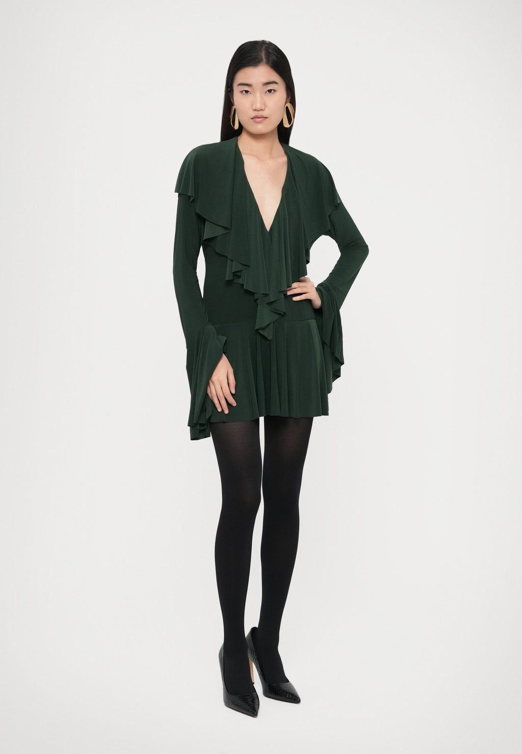 Norma Kamali LONG SLEEVE DEEP V RUFFLE DRESS