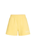 Gelbe Baumwollshorts mit elastischem Bund, seitlichen Taschen und dem weißen Text "The Future Surf Society" auf dem unteren linken Oberschenkel.