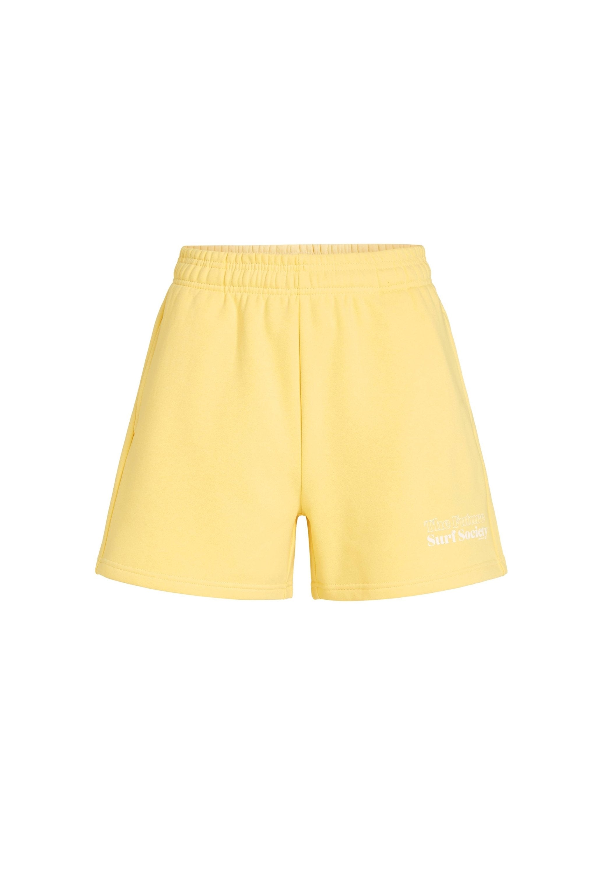 Gelbe Baumwollshorts mit elastischem Bund, seitlichen Taschen und dem weißen Text "The Future Surf Society" auf dem unteren linken Oberschenkel.
