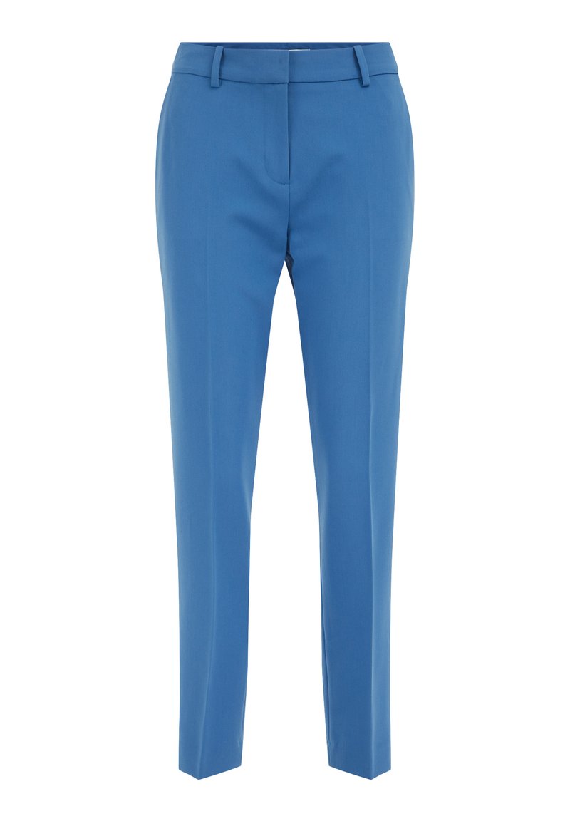 Maßgeschneiderte blaue Hosen aus glattem Stoff. Sie haben einen flachen Bund, Seitentaschen und ein schlankes, gerades Bein-Design.