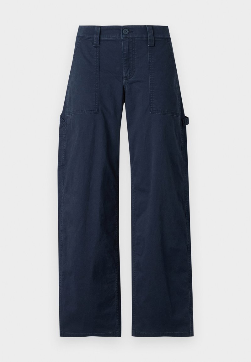 Marineblaue Cargo-Hosen aus Baumwolle mit lockerer Passform, ausgestattet mit zwei Seitentaschen, einem Knopfverschluss und sichtbaren Steppnähten.