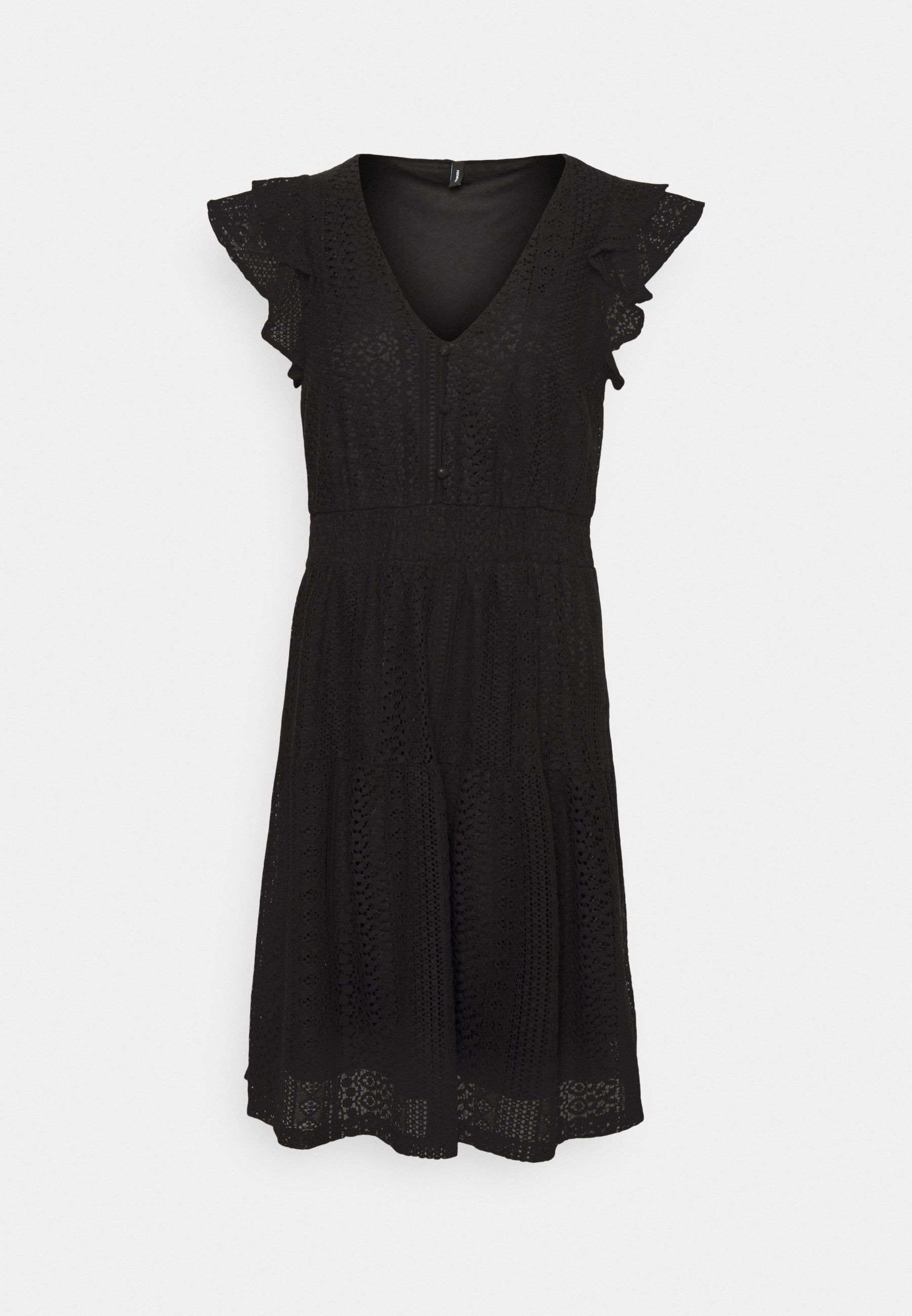 Schwarzes Kleid mit V-Ausschnitt, gerafften Ärmeln und gestuftem Design. Hergestellt aus einem strukturierten Stoff mit kunstvollen Mustern und taillierter Taille.