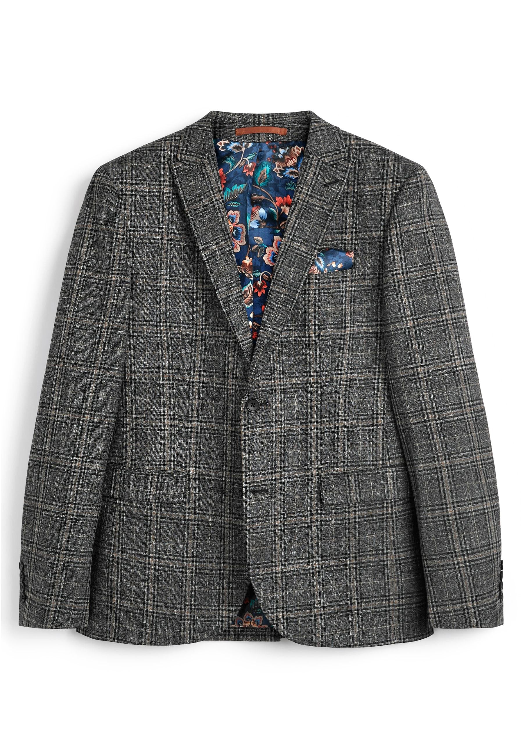 Grau kariertes Blazer mit einem Reverskragen, zwei Taschen und einem dekorativen Taschentuch. Das Innenfutter weist ein lebhaftes Blumenmuster auf.