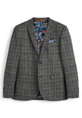 Grau kariertes Blazer mit einem Reverskragen, zwei Taschen und einem dekorativen Taschentuch. Das Innenfutter weist ein lebhaftes Blumenmuster auf.