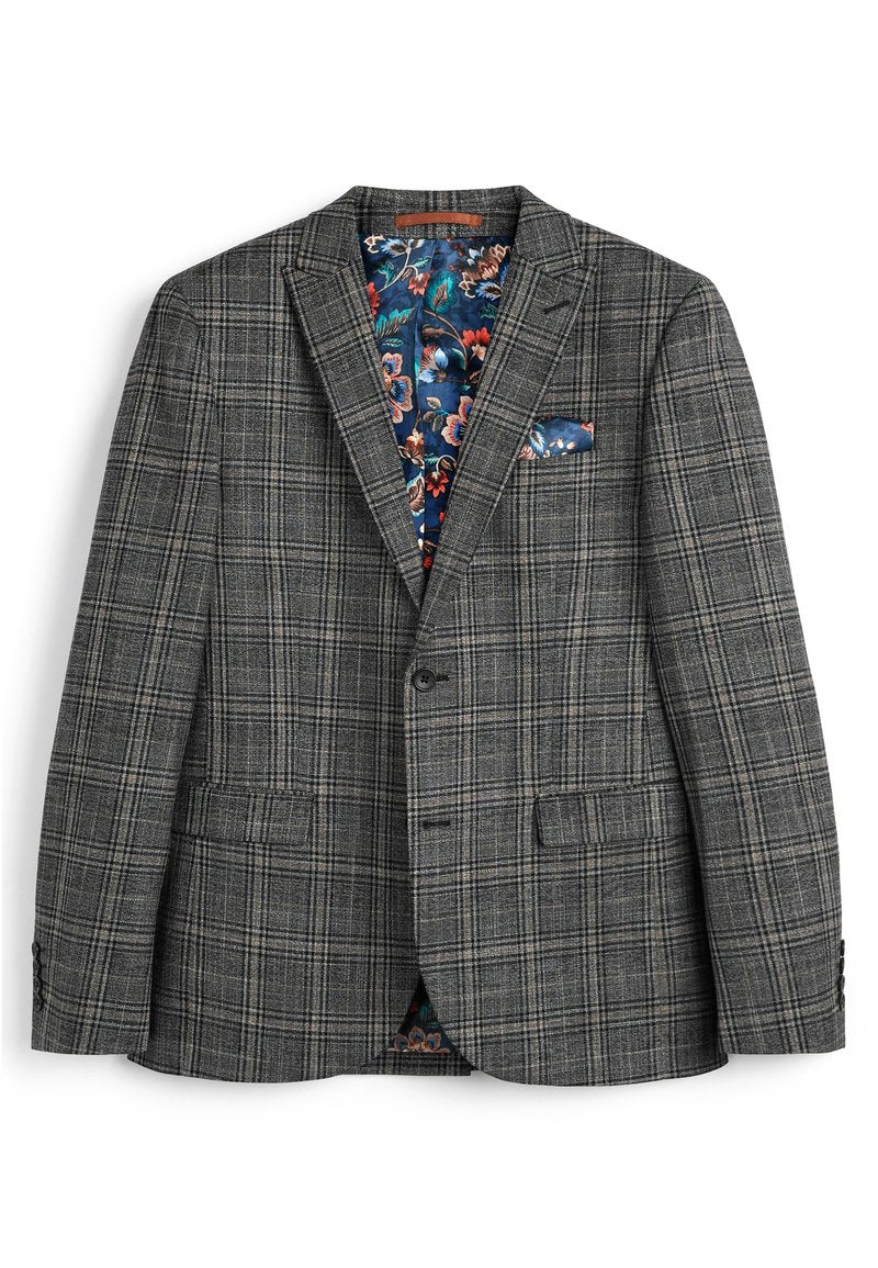 Grau kariertes Blazer mit einem Reverskragen, zwei Taschen und einem dekorativen Taschentuch. Das Innenfutter weist ein lebhaftes Blumenmuster auf.