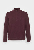 Burgunderfarbener Strickpullover mit hohem Kragen und einem kurzen Reißverschluss mit rundem Zipper. Lockere Passform mit gerippter Textur und langen Ärmeln.