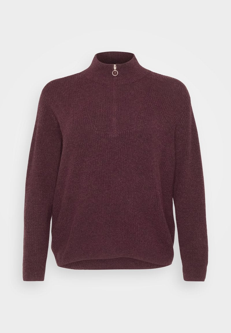 Burgunderfarbener Strickpullover mit hohem Kragen und einem kurzen Reißverschluss mit rundem Zipper. Lockere Passform mit gerippter Textur und langen Ärmeln.