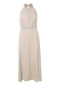 Helles beige Halterkleid mit plissiertem Oberteil, Schlüsselloch-Ausschnitt und fließendem Rock. Hergestellt aus weichem, strukturiertem Stoff.