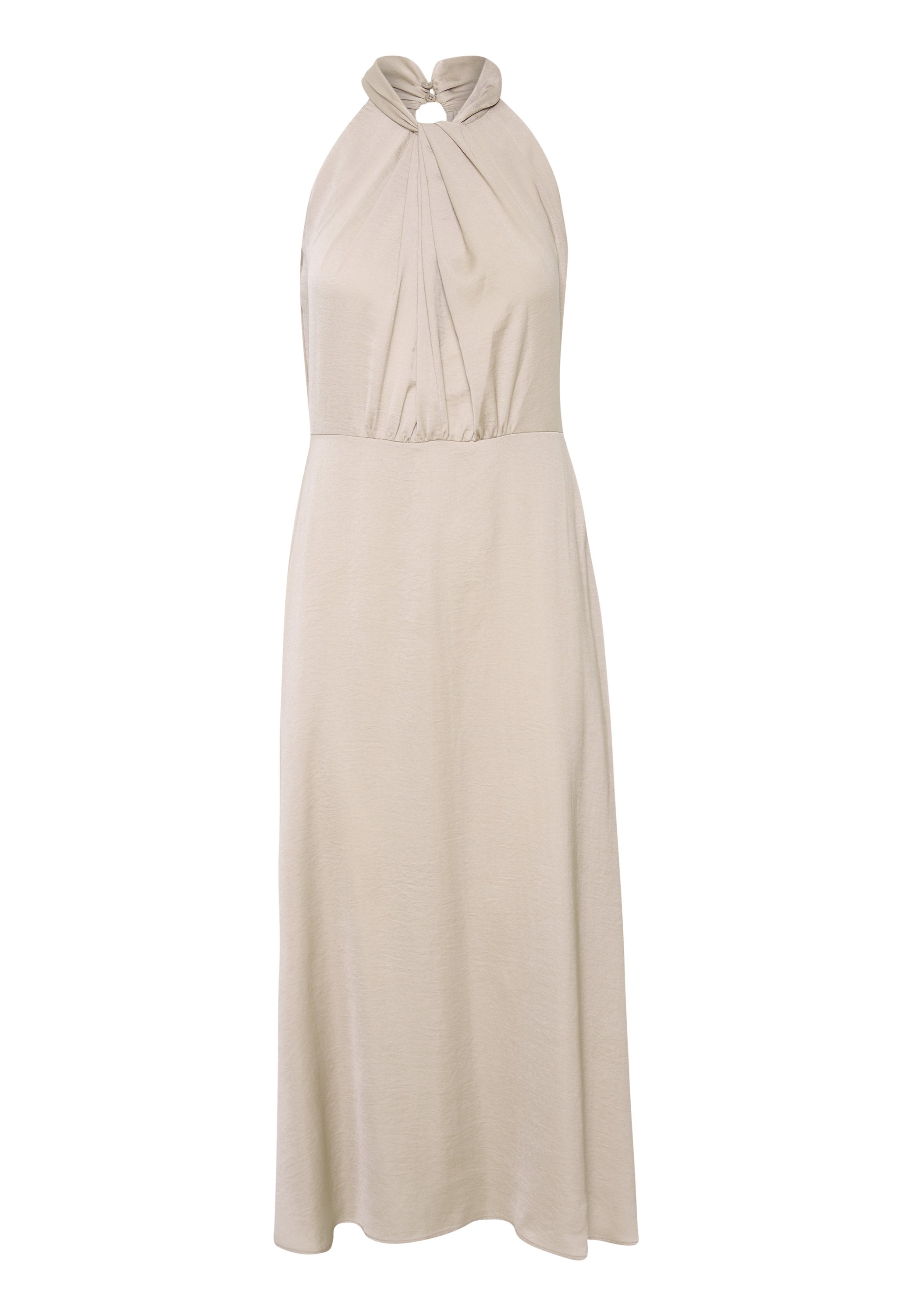 Helles beige Halterkleid mit plissiertem Oberteil, Schlüsselloch-Ausschnitt und fließendem Rock. Hergestellt aus weichem, strukturiertem Stoff.