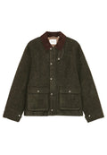 Grüne Wolljacke mit braunem Cordkragen, Druckknöpfen und zwei Fronttaschen. Verfügt über eine strukturierte Oberfläche mit einem leicht lockeren Schnitt.