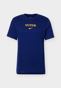 Marineblaues T-Shirt mit kurzen Ärmeln, gelbem "INTER"-Schriftzug und gelbem Nike-Swoosh-Logo, mittig auf der Brust.