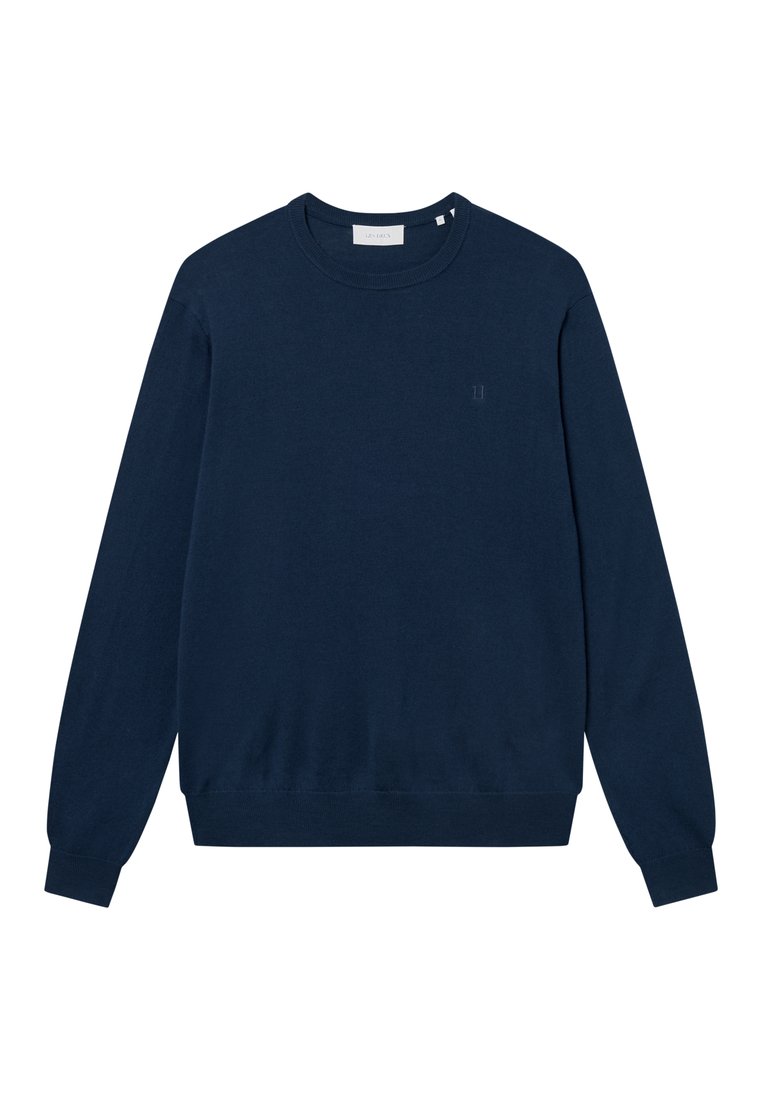 Marineblaues Sweatshirt mit langen Ärmeln aus weichem Stoff, Rundhalsausschnitt, gerippten Bündchen und kleinem Logo auf der Brust.