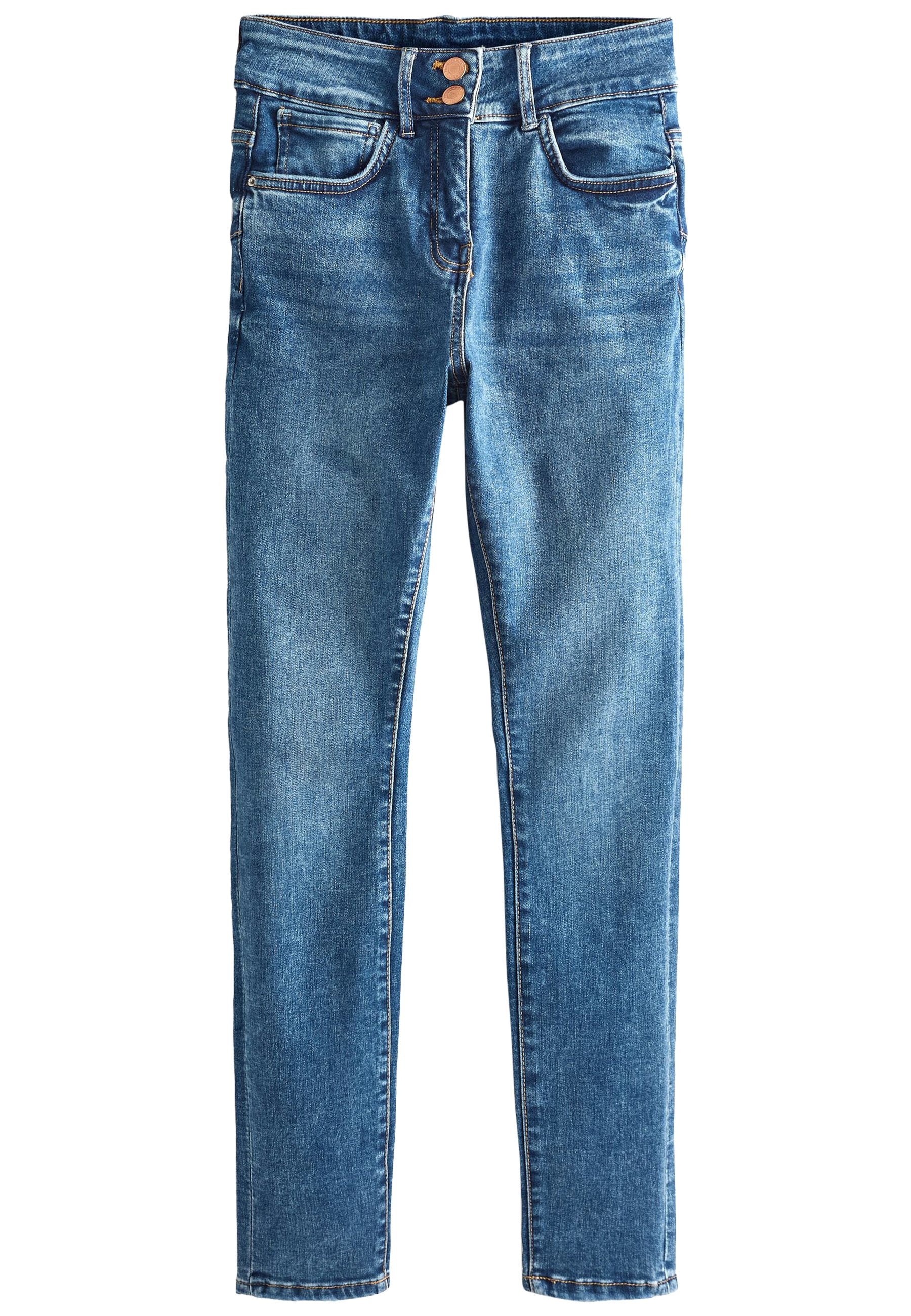 Denimjeans in einem verblassten Blauton mit schlanker Passform, fünf Taschen und einem Knopfverschluss an der Taille. Glatte Textur, klassisches Design.