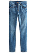 Denimjeans in einem verblassten Blauton mit schlanker Passform, fünf Taschen und einem Knopfverschluss an der Taille. Glatte Textur, klassisches Design.