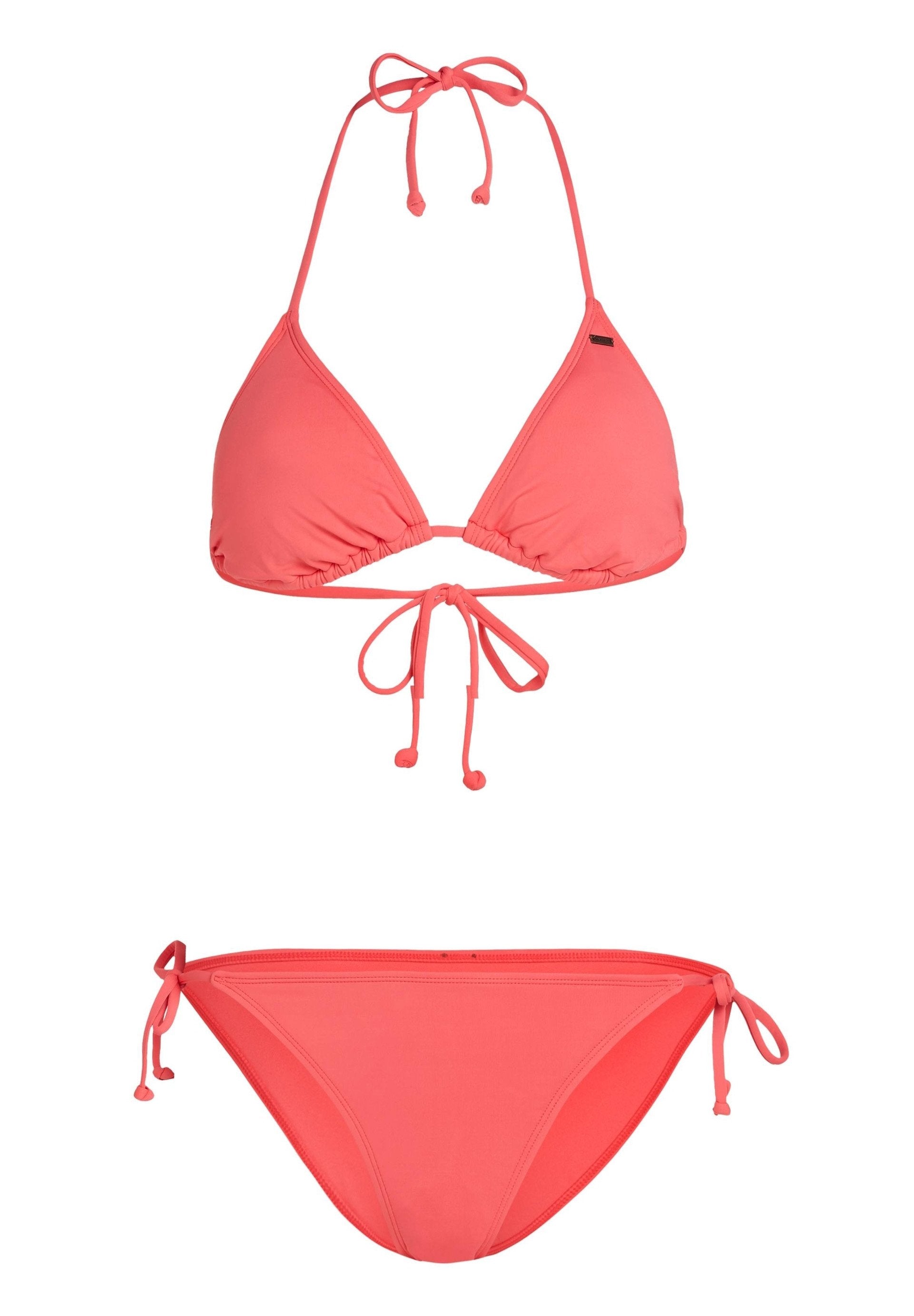 Korallenfarbener Bikini besteht aus einem Triangel-Top mit bindbarem Nacken- und Rückenverschluss sowie passenden, verstellbaren Slips; gefertigt aus glattem, dehnbarem Stoff.