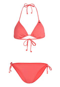 Korallenfarbener Bikini besteht aus einem Triangel-Top mit bindbarem Nacken- und Rückenverschluss sowie passenden, verstellbaren Slips; gefertigt aus glattem, dehnbarem Stoff.