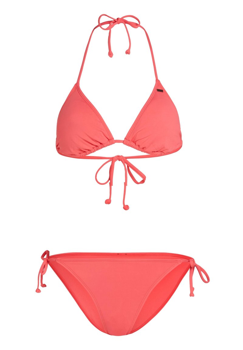Korallenfarbener Bikini besteht aus einem Triangel-Top mit bindbarem Nacken- und Rückenverschluss sowie passenden, verstellbaren Slips; gefertigt aus glattem, dehnbarem Stoff.