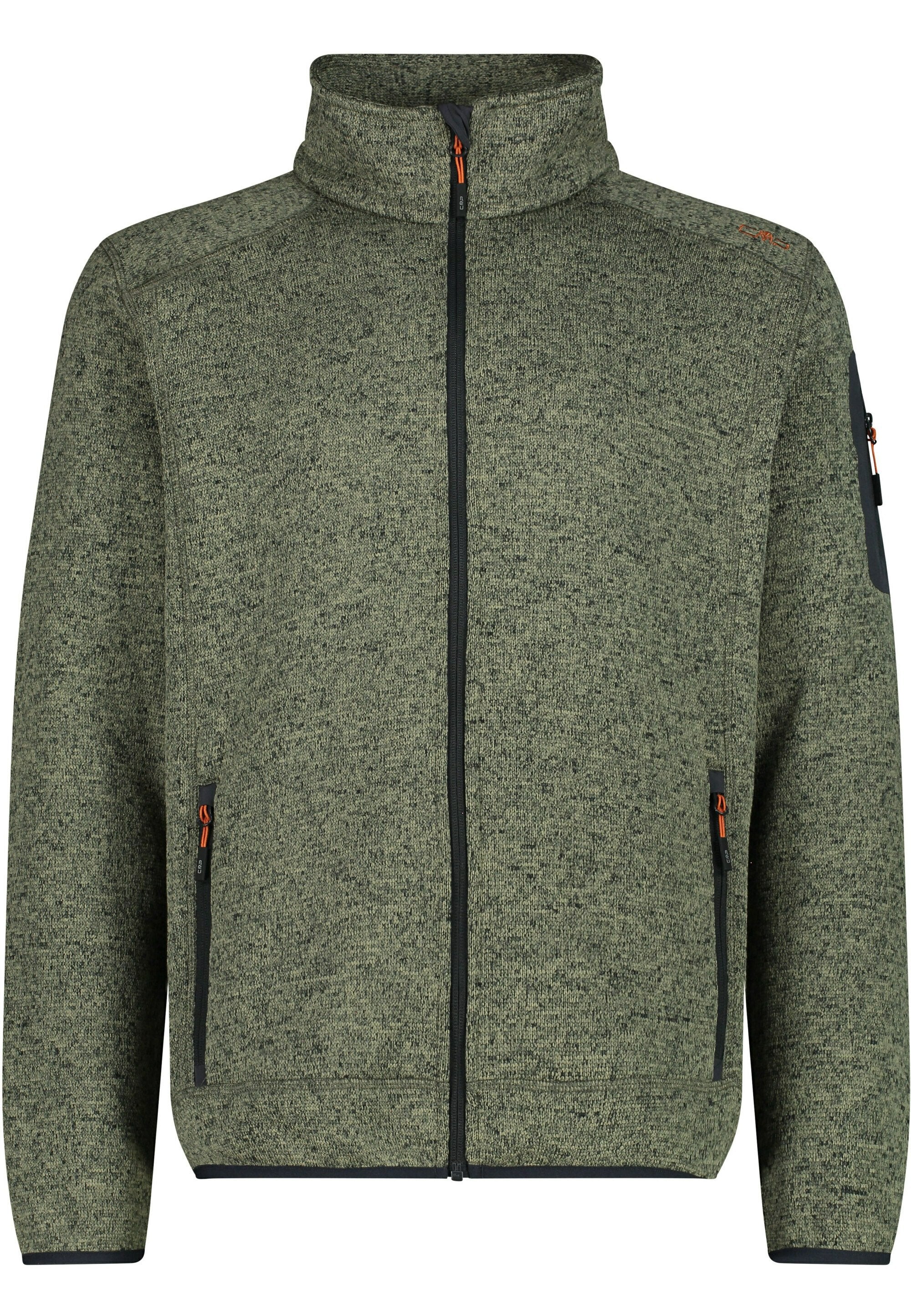 Grüne Fleecejacke mit hohem Kragen, vorderem Reißverschluss und zwei seitlichen Taschen. Merkmale sind schwarze Akzente und strukturierter Strickstoff.
