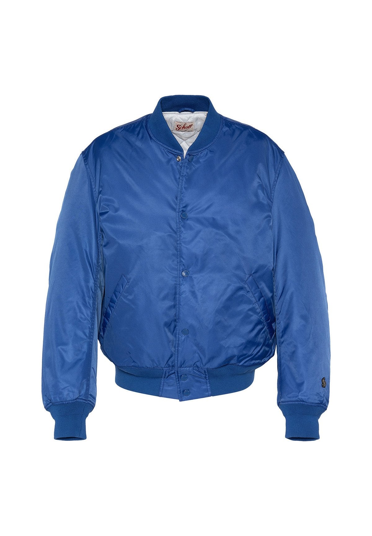 Blau bomberjacke mit glänzender Oberfläche, gerippten Bündchen und Saum, Knopfverschluss und Taschen an den Seiten. Logodetail am Ärmel.