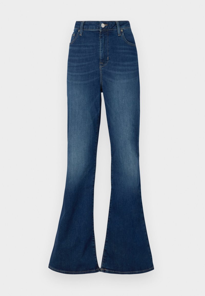 Hochtaillierte, blaue Denim-Jeans mit ausgestelltem Bein, glatter Textur, leicht ausgewaschenem Finish und silberner Knopfverschluss vorne.