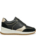 Schwarze Ledersneaker mit goldenen Akzenten, Wildlederelementen und einer weißen Zwischensohle. Verfügt über ein Schnürdesign und eine strukturierten Gummisohle.