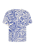 Kurzärmliges, locker sitzendes T-Shirt in Blau und Weiß mit einem abstrakten, wellenförmigen Muster. Aus weichem Stoff mit Rundhalsausschnitt gefertigt.