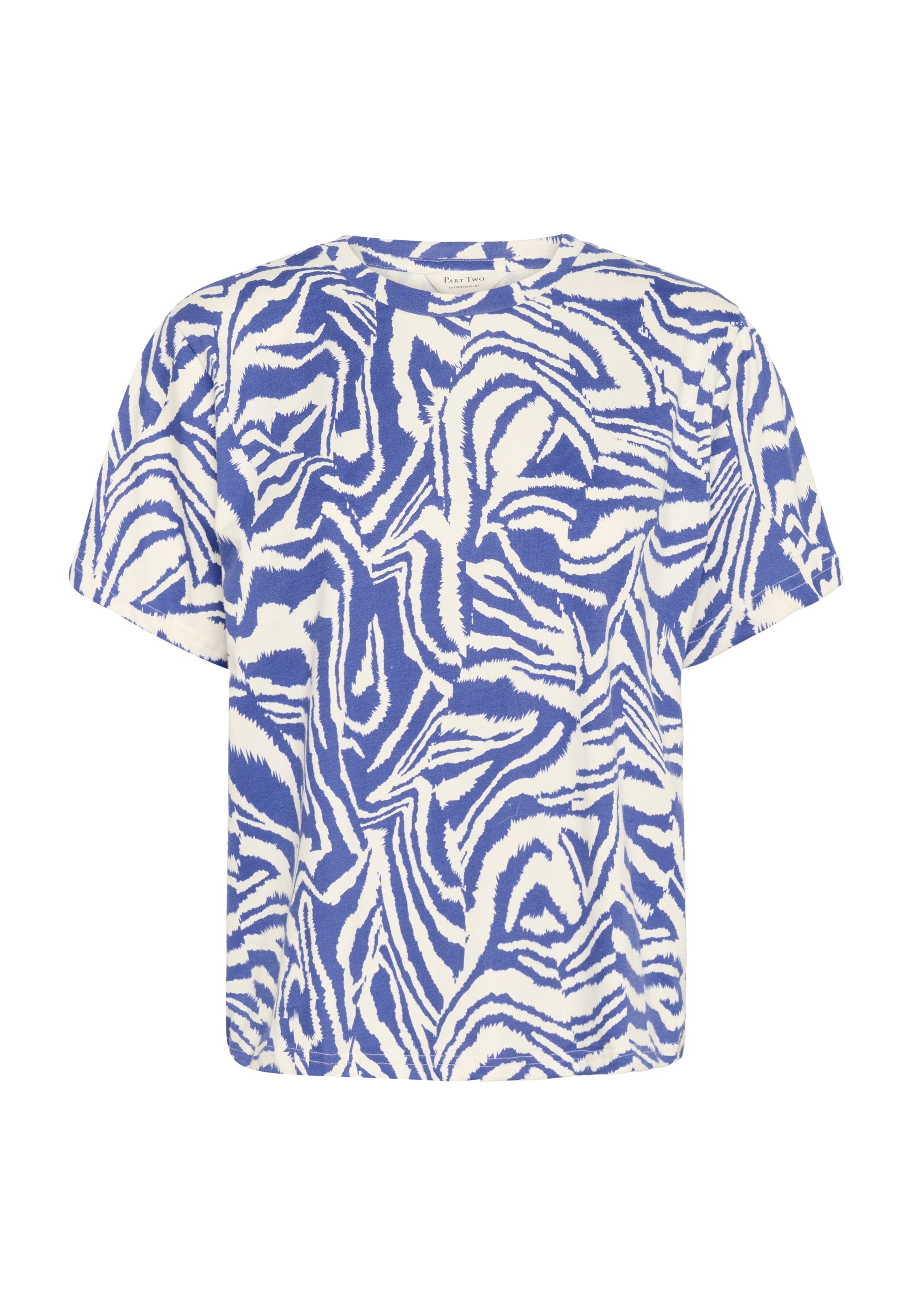 Kurzärmliges, locker sitzendes T-Shirt in Blau und Weiß mit einem abstrakten, wellenförmigen Muster. Aus weichem Stoff mit Rundhalsausschnitt gefertigt.