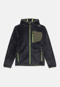 Fleecejacke in Dunkelgrau mit Kapuze. Verfügt über eine grüne Reißverschlusstasche und neongrüne Reißverschlüsse. Weiche Textur mit einem entspannten Schnitt.