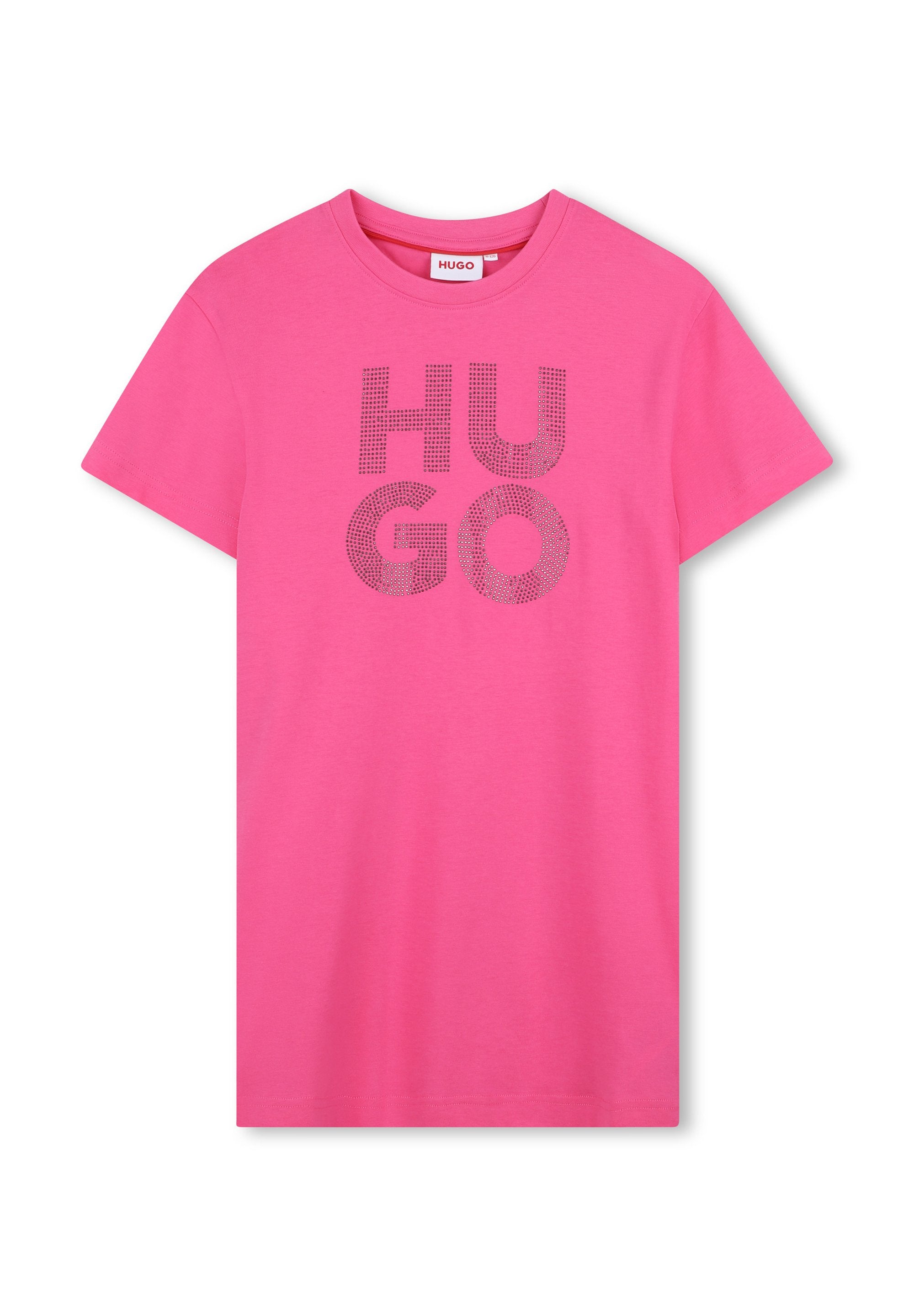 Rosa Baumwoll-T-Shirt mit einem großen "HUGO"-Design in Grau mit gepunktetem Muster, Rundhalsausschnitt und kurzen Ärmeln.