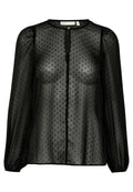 Schwarze transparente Bluse mit Punktemuster, langen Puffärmeln, rundem Ausschnitt und zentralem Knopfverschluss. Weicher, leichter Stoff.