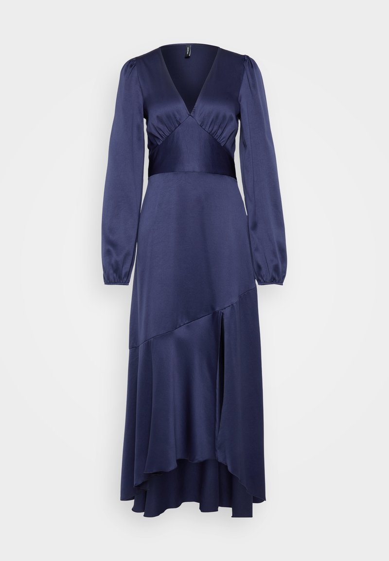 Navyblaues Satin-Midi-Kleid mit langen Puffärmel, tiefem V-Ausschnitt und mehrlagigem Rockdesign mit asymmetrischem Saum.