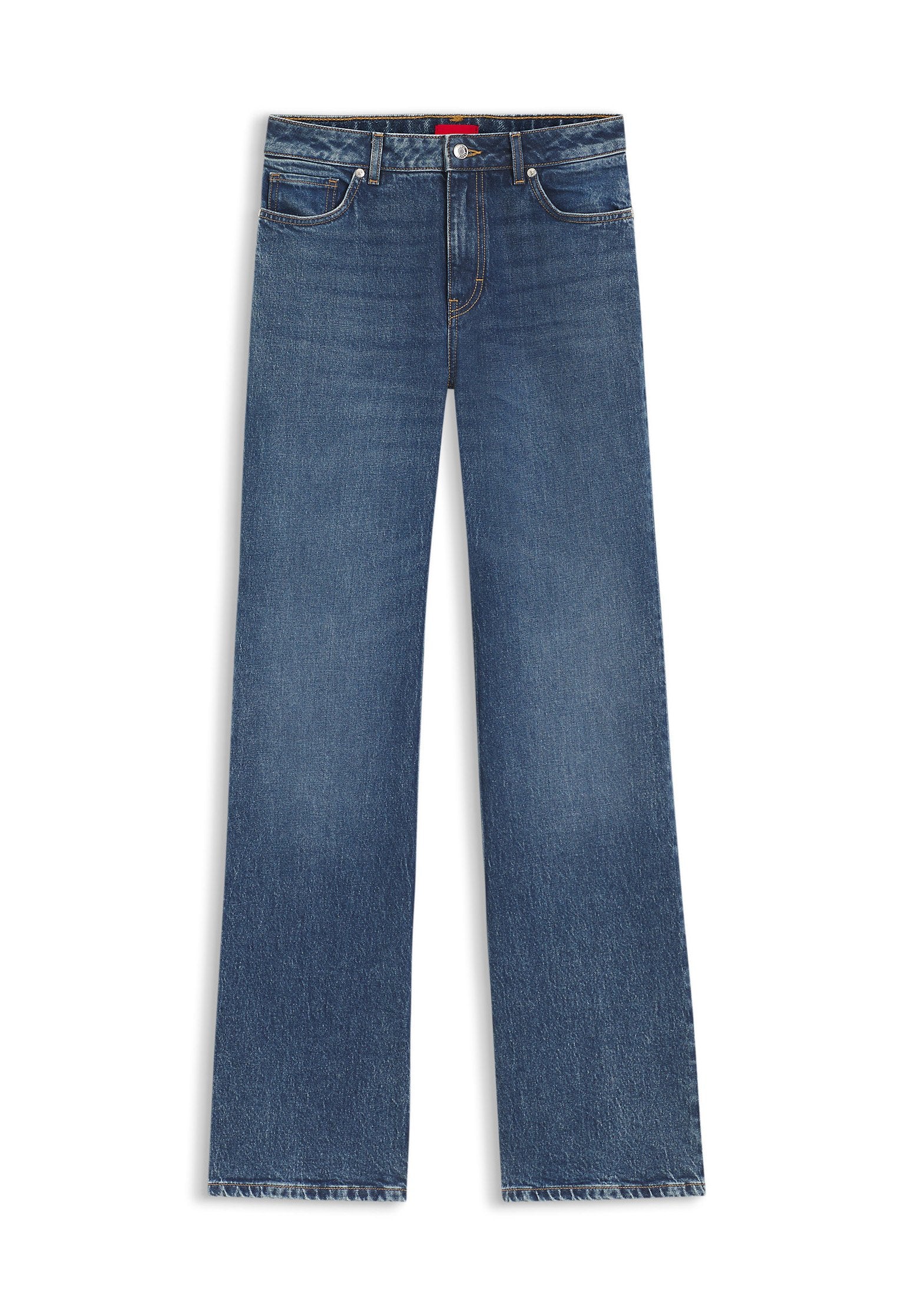 Blaue Jeans mit geradem Bein, vorderen Taschen, Gürtelschlaufen und Knopfverschluss.