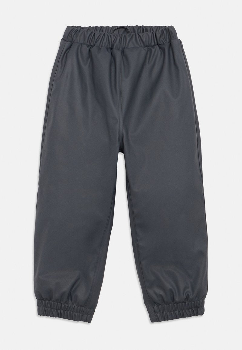 Dunkelgraue wasserdichte Kinderhose mit elastischem Bund und Knöchelabschlüssen, designed für den Outdoor-Einsatz.