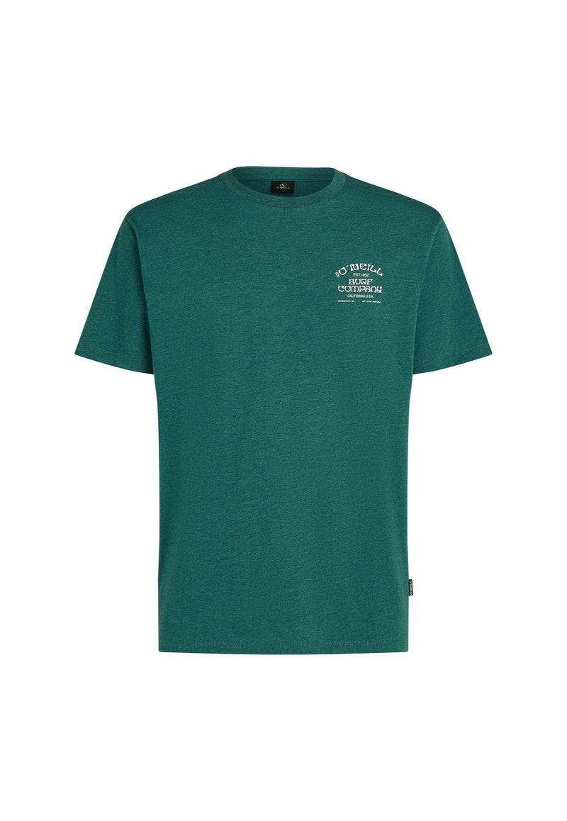 Türkisfarbenes Baumwoll-T-Shirt mit Rundhalsausschnitt, kurzen Ärmeln und weißem Logo auf der linken Brust. Weiche Textur und reguläre Passform.
