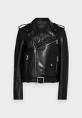 Schwarze Leder-Bikerjacke mit strukturiertem Finish, asymmetrischem Reißverschluss, mehreren Reißverschlusstaschen und einem taillierten Bund. Mit klassischen Designdetails.