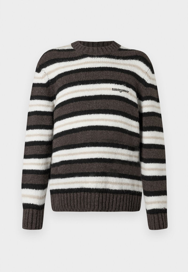 Gestreifter Pullover in Schwarz, Weiß und Beige. Verfügt über einen runden Ausschnitt, lange Ärmel, gerippte Bündchen und ein kleines Logo auf der Brust.