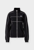 Schwarze, leichte Jacke mit hohem Kragen, Reißverschluss und weißer Kontrastpaspelierung. Verfügt über elastische Bündchen und ein Markenlogo auf der Brust.