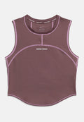 Ärmelloses Nike Pro Dri-FIT Crop-Top in Mauve mit hellvioletten Nähten und weißem Nike Pro-Logo mittig auf der Vorderseite.