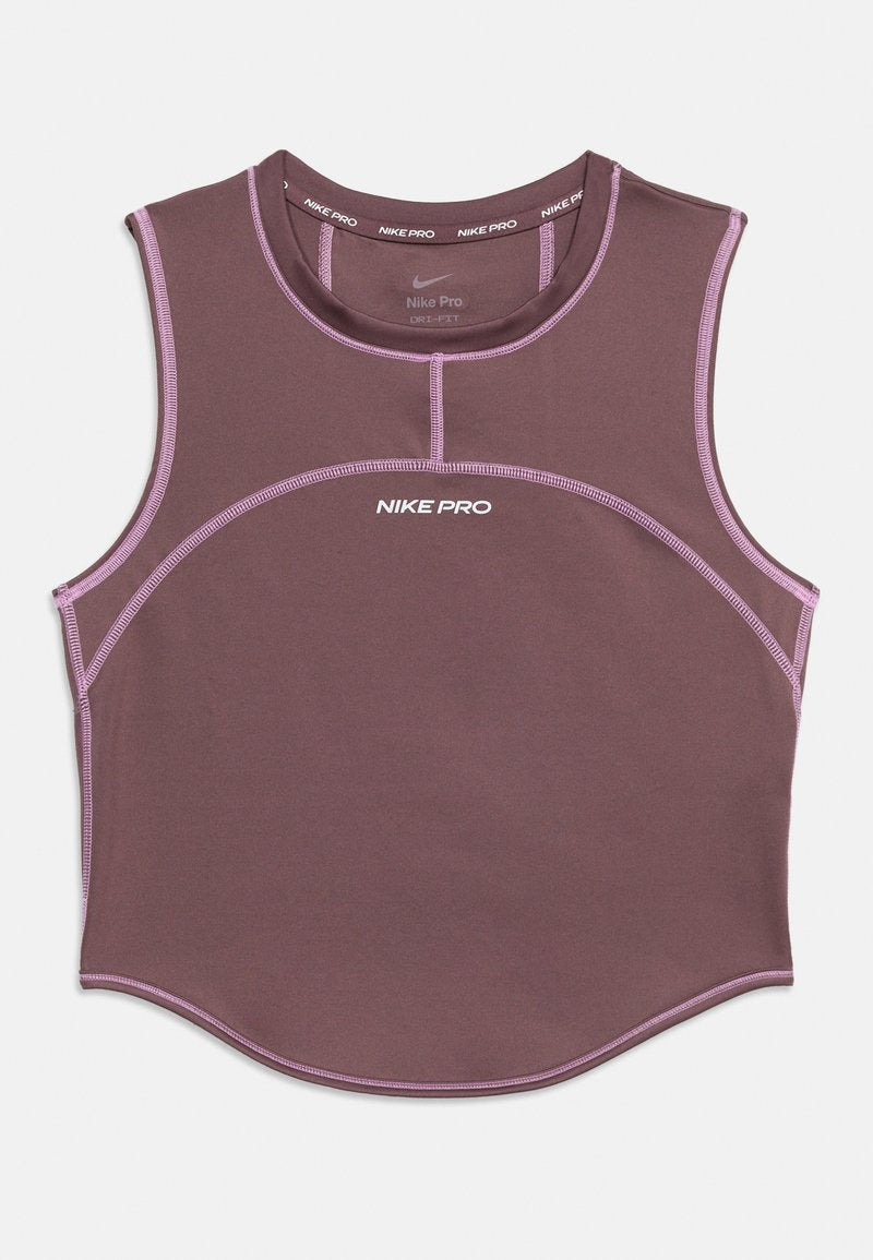 Ärmelloses Nike Pro Dri-FIT Crop-Top in Mauve mit hellvioletten Nähten und weißem Nike Pro-Logo mittig auf der Vorderseite.