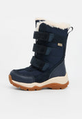 Marineblaue Winterstiefel mit drei Klettverschlüssen, Kunstfellfutter, Gummilaufsohle sowie einer Mischung aus Textil- und synthetischen Materialien.