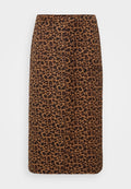 Bleistiftrock mit Leopardenmuster in Brauntönen und Schwarz, mit glatter Textur, elegantem Design und geradem Schnitt. Mit Taschen.