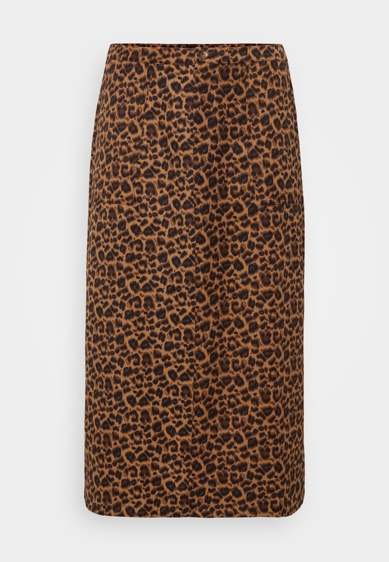 Bleistiftrock mit Leopardenmuster in Brauntönen und Schwarz, mit glatter Textur, elegantem Design und geradem Schnitt. Mit Taschen.